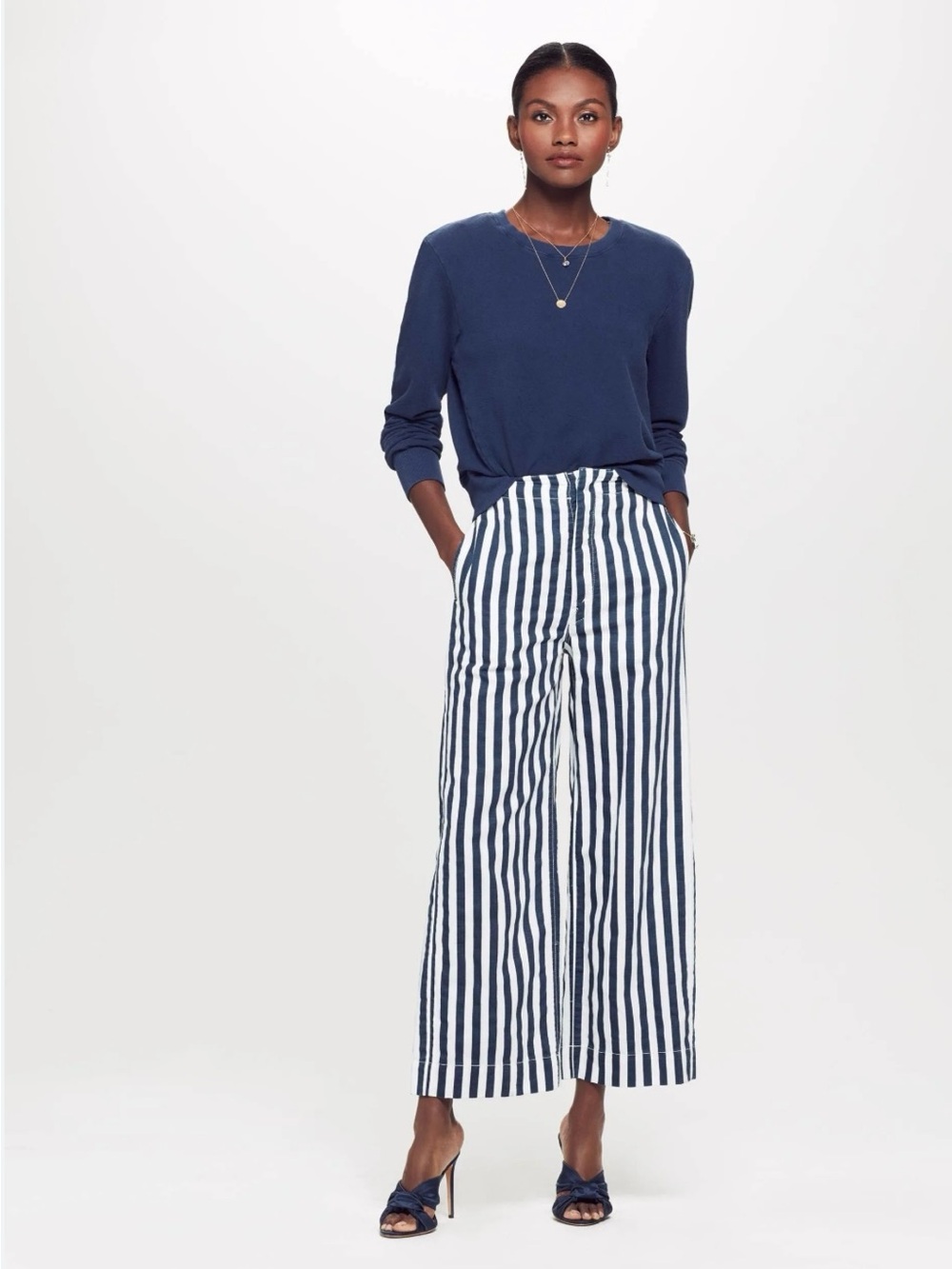 MOTHER The Cinch Greaser Navy & White Vertical-Stripe Wide-Leg Pants Size 28